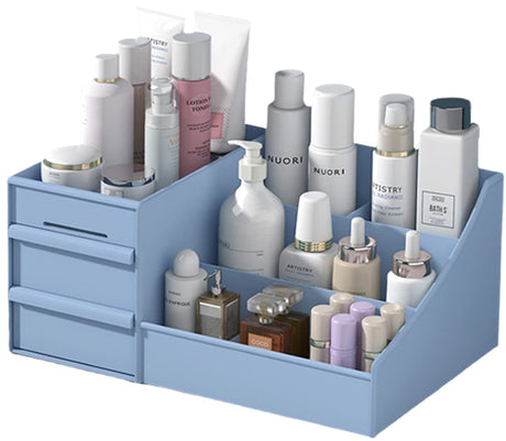 XIOU Makeup Desk Organizer with Drawers - Countertop Organizer for Cosmetics Vanity Holder for Lipstick Brushes Lotions Eyeshadow Nail Polish and Jewelry (Blue)