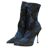 Dolce & Gabbana Black Blue Floral Stretch Sock Boots Shoes