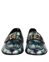 Dolce & Gabbana Metallic Blue Silver Leather DG Loafers Shoes