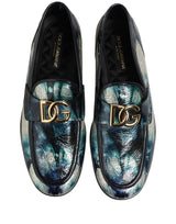 Dolce & Gabbana Metallic Blue Silver Leather DG Loafers Shoes