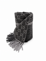 Gucci Monogram Charcoal Grey Cashmere & Wool Scarf with Fringe