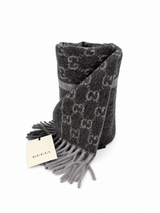 Gucci Monogram Charcoal Grey Cashmere & Wool Scarf with Fringe
