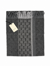 Gucci Monogram Charcoal Grey Cashmere & Wool Scarf with Fringe