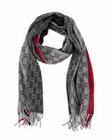 Gucci Monogram Grey Cashmere & Wool Scarf with Red & Black Stripe