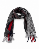 Gucci Monogram Charcoal Grey Cashmere & Wool Scarf with Red & Navy Stripe