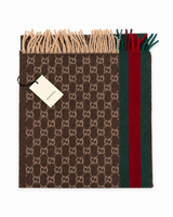 Gucci Monogram Brown Cashmere & Wool Scarf with Green & Red Web Stripe