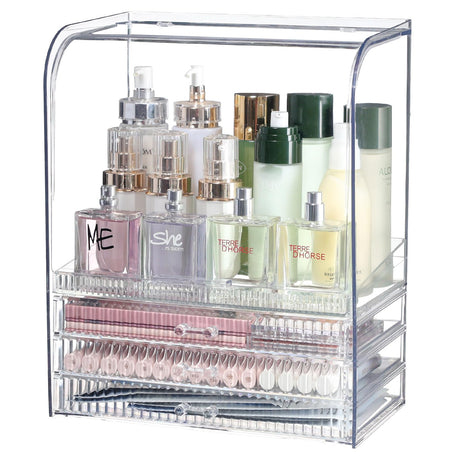 Clear Acrylic Makeup Organizer for Vanity With LidLarge Capacity Bathroom Countertop Organizer and Storage With 3 DrawersDustproof Cosmetics Organizer for Cologne PerfumeBeautySkincare Container