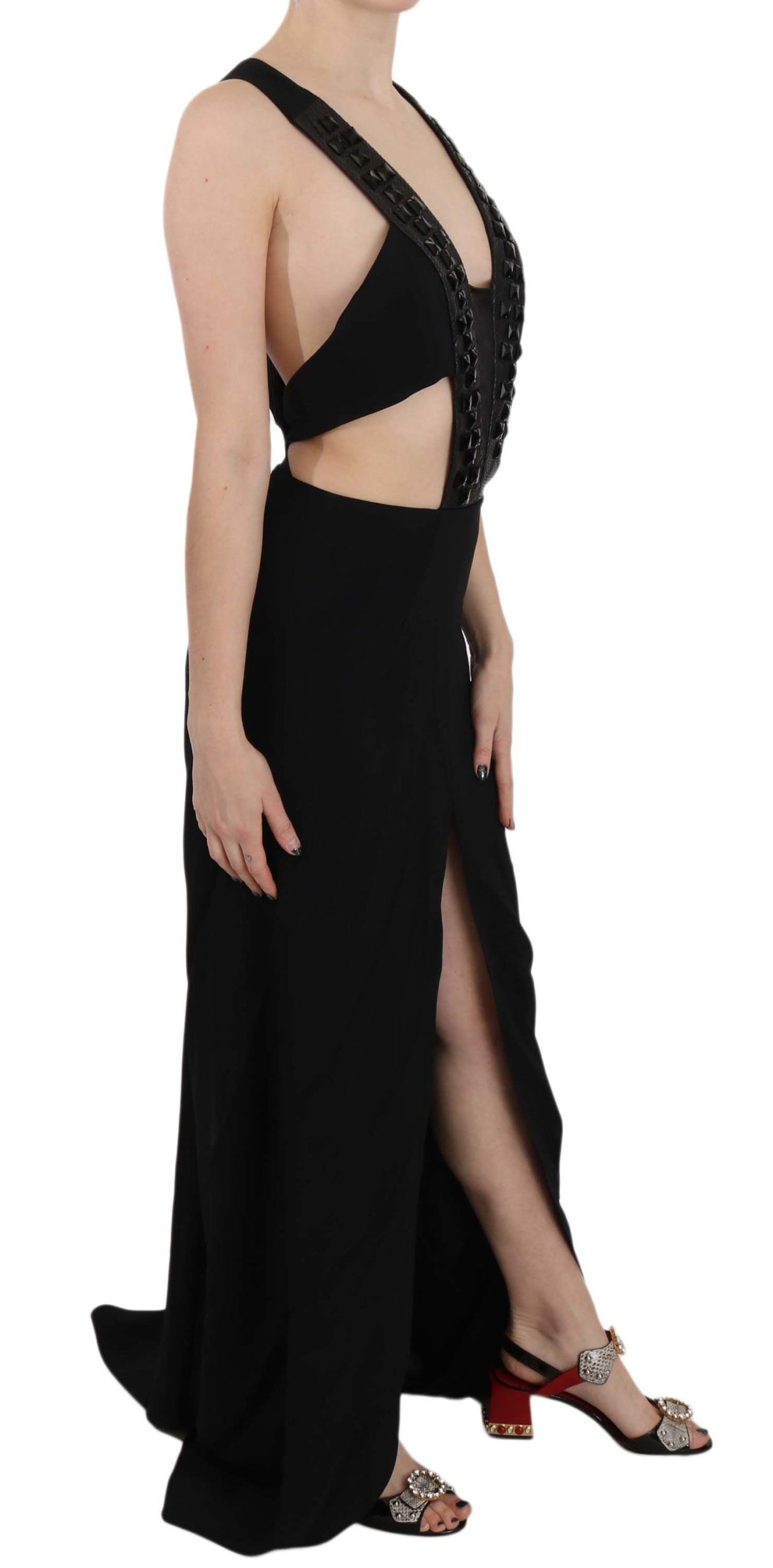 John Richmond Elegant Flare Maxi Evening Dress with Crystal Accents