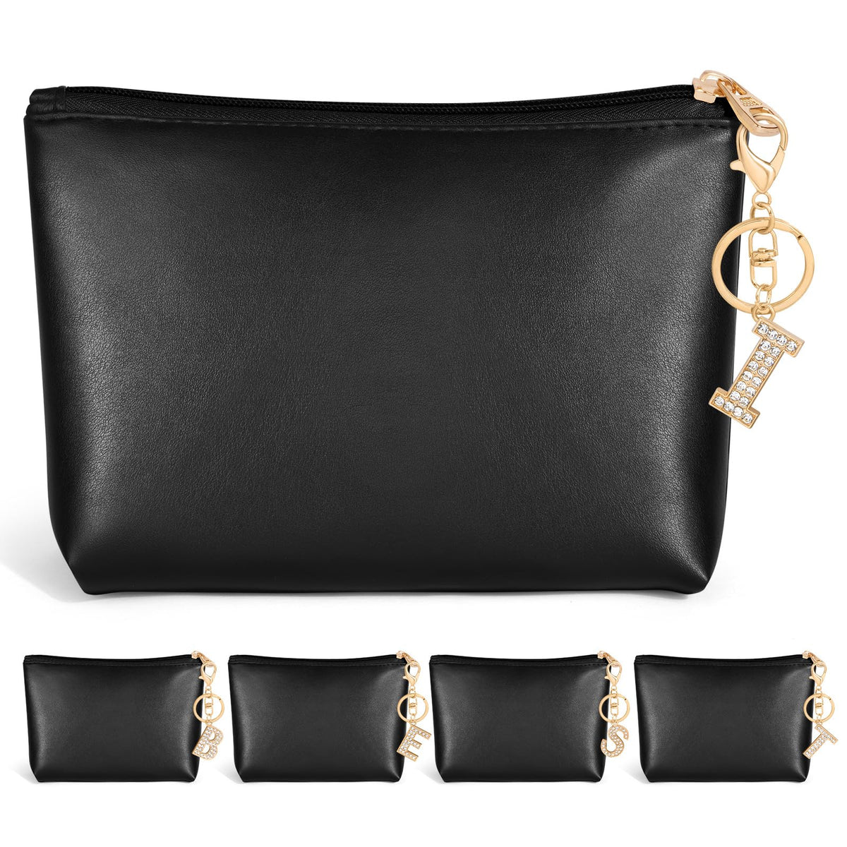 MAANGE A-Z Personalized Small Makeup Bag Initial PU Leather Make Up Bag Cute Cosmetic Bag For Women Trendy Makeup Pouch with Slip-in Pockets (Black I)