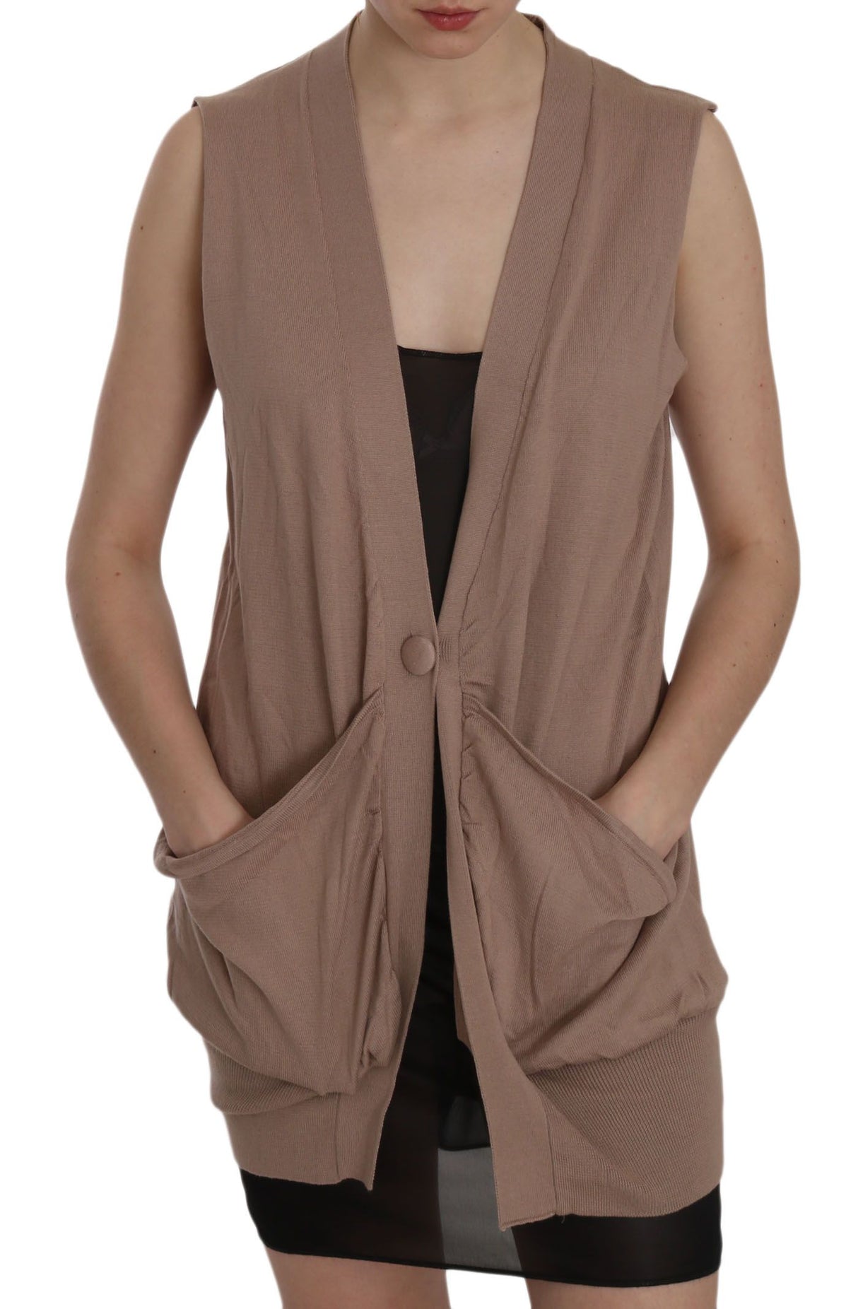 PINK MEMORIES Chic Sleeveless Cotton Cardigan Vest - Elegant Brown