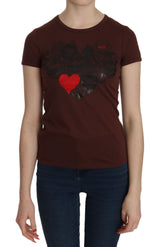 Exte Chic Brown Heart Print Crew Neck Top