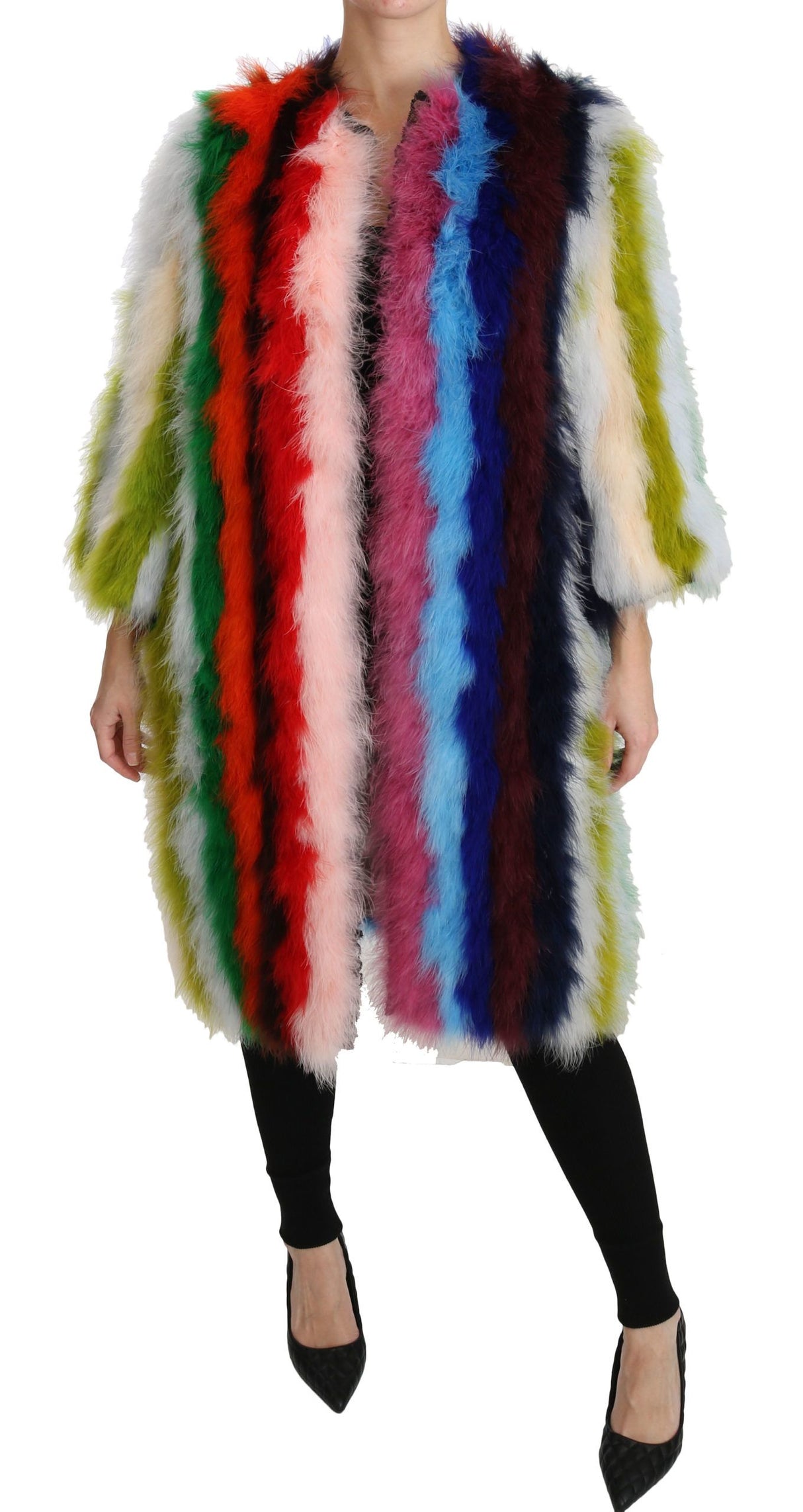 Dolce & Gabbana Elegant Multicolor Feather Long Coat Jacket