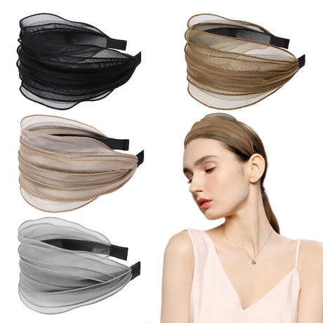 Wide Lace Headbands for Women 4Pcs Solid Color Headband Cute Hair Hoop Vintage Knotted Hair Band with Teeth Girls Headwrap Fashion Hair Accessories (Solid Color-blackgraykhakicoffee Large)