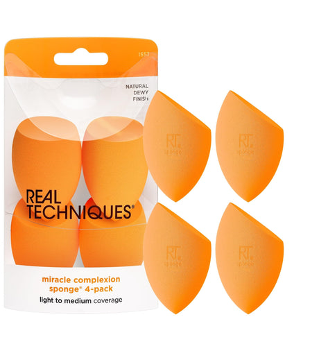 Real Techniques Miracle Complexion Sponge Makeup Blender for Liquid and Cream Foundation Full Coverage Streak-Free Professional Makeup Tool Cruelty Free Vegan Latex Free 4 Count