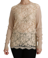 Dolce & Gabbana Elegant Beige Lace Crew Neck Cashmere Blouse