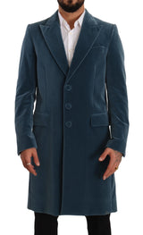 Dolce & Gabbana Blue Cotton Velvet Long Overcoat Jacket - Men's