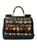 Dolce & Gabbana Black Sicily Embellished Raffia Tote Crossbody Bag - Women's