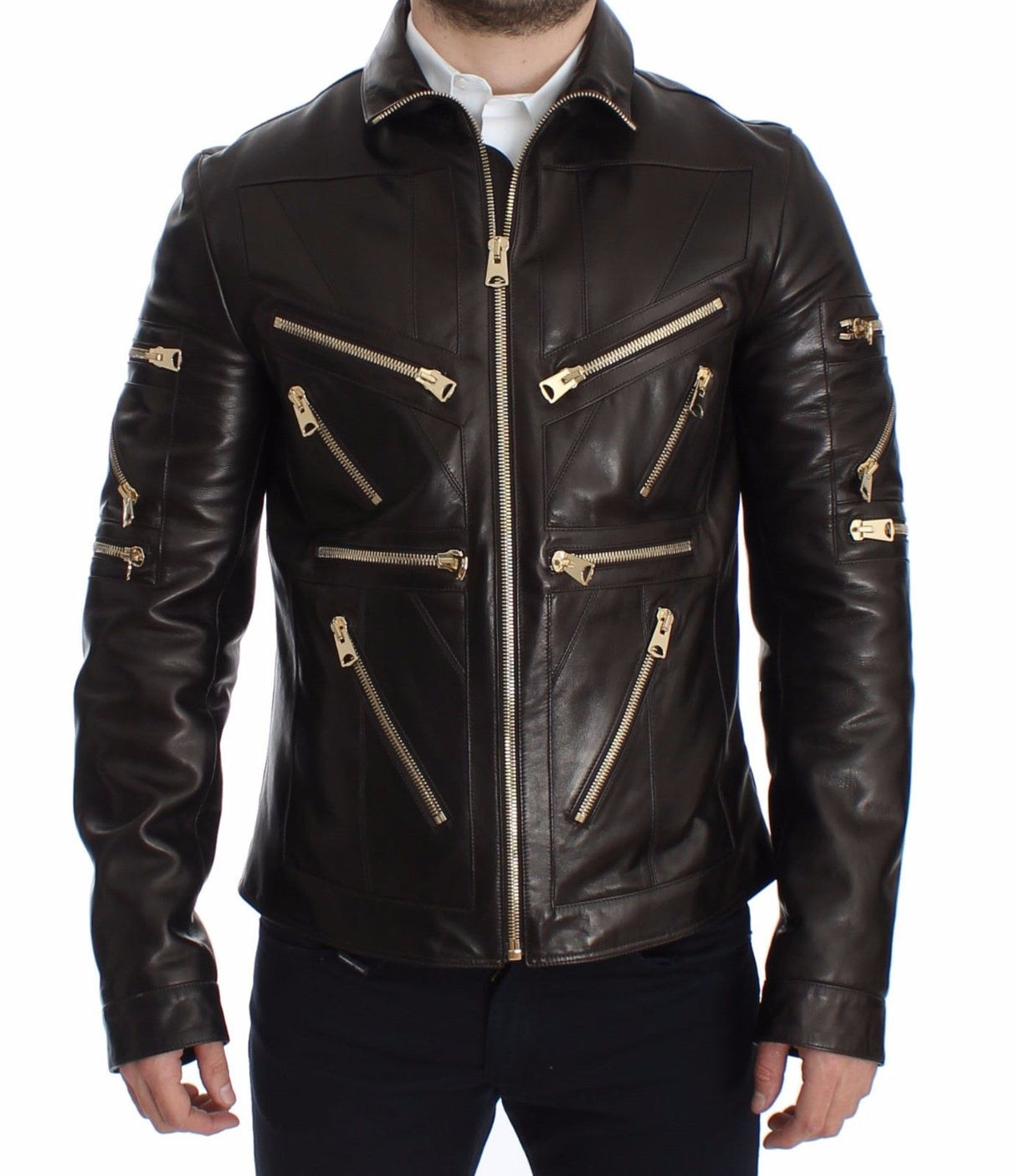 Dolce & Gabbana Brown Lambskin Leather Zipper Jacket - Men's