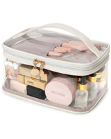 Katadem Clear TPU Travel Makeup Organizer with Separate Brush Compartment Large Cosmetic Bag Portable Toiletry Bag for Women (Beige)