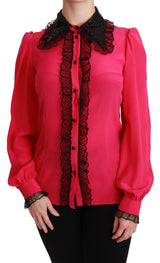 Dolce & Gabbana Pink Silk Black Sequin Lace Shirt Blouse