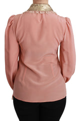 Dolce & Gabbana Pink Silk Gold Sequin Lace Blouse Shirt