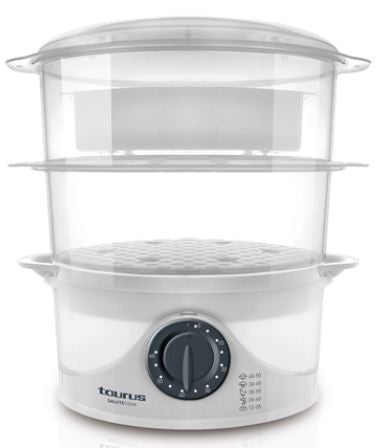 TAURUS COOKER STEAM, SALUTECOOK, 800W, 6L FOOD, 1L TANK, RICE TRAY, 1 HOUR TIMER, WHITE