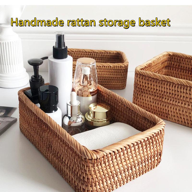 Hand-Woven Rattan Wicker Rectangular Storage Basket
