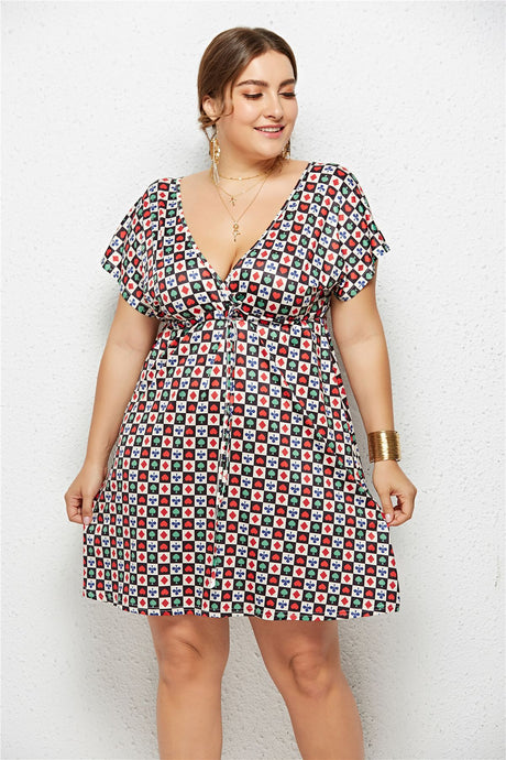 Printed Deep V-Neck Dress with Elastic Waist
