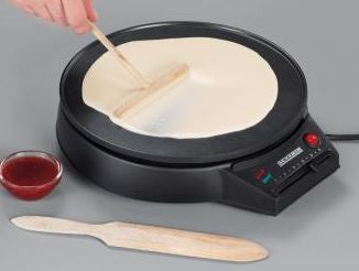 SEVERIN CREPES MAKER 1000W, NON-STIK COATED PAN APPROX/ 30 CM, WOODEN SPATULA & TURNING STICK, PLASTIC HOUSING, VARIABLE THERMOSTAT, PILOT LIGHT, BLACK