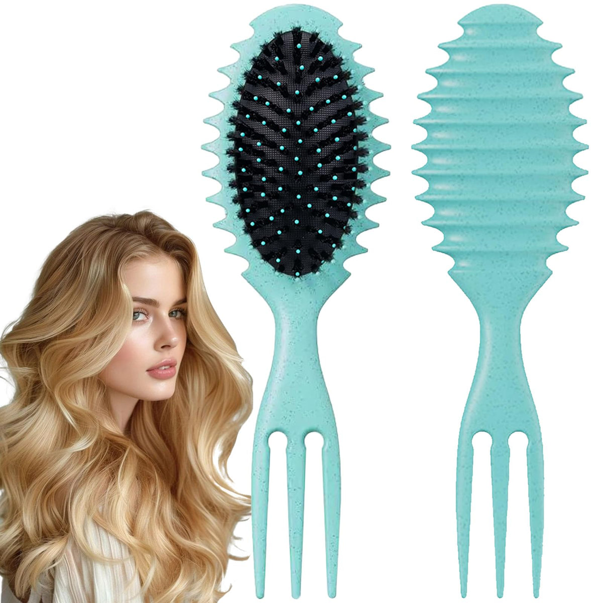 Curly Hair Brush Boar Bristle Curl Defining Brush for Curl Wave Straight Hair Unique Trident Handle Design Defineing Brush for Wet Dry Hair Styling Massage Hairbrush Hair Pick Comb Curl Brush Green
