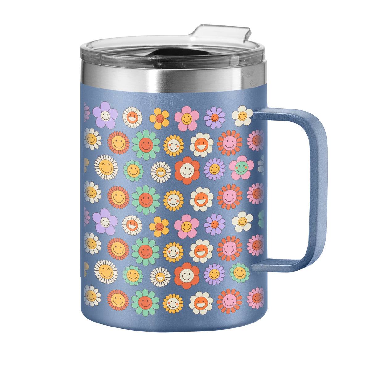 OGGI ThermoMug Stainless Steel Insulated Mug- Double Wall Vacuum Insulated w/Handle & Lid Coffee Cup Camping Mug Travel Thermos 14oz(420ml) Happy Flowers