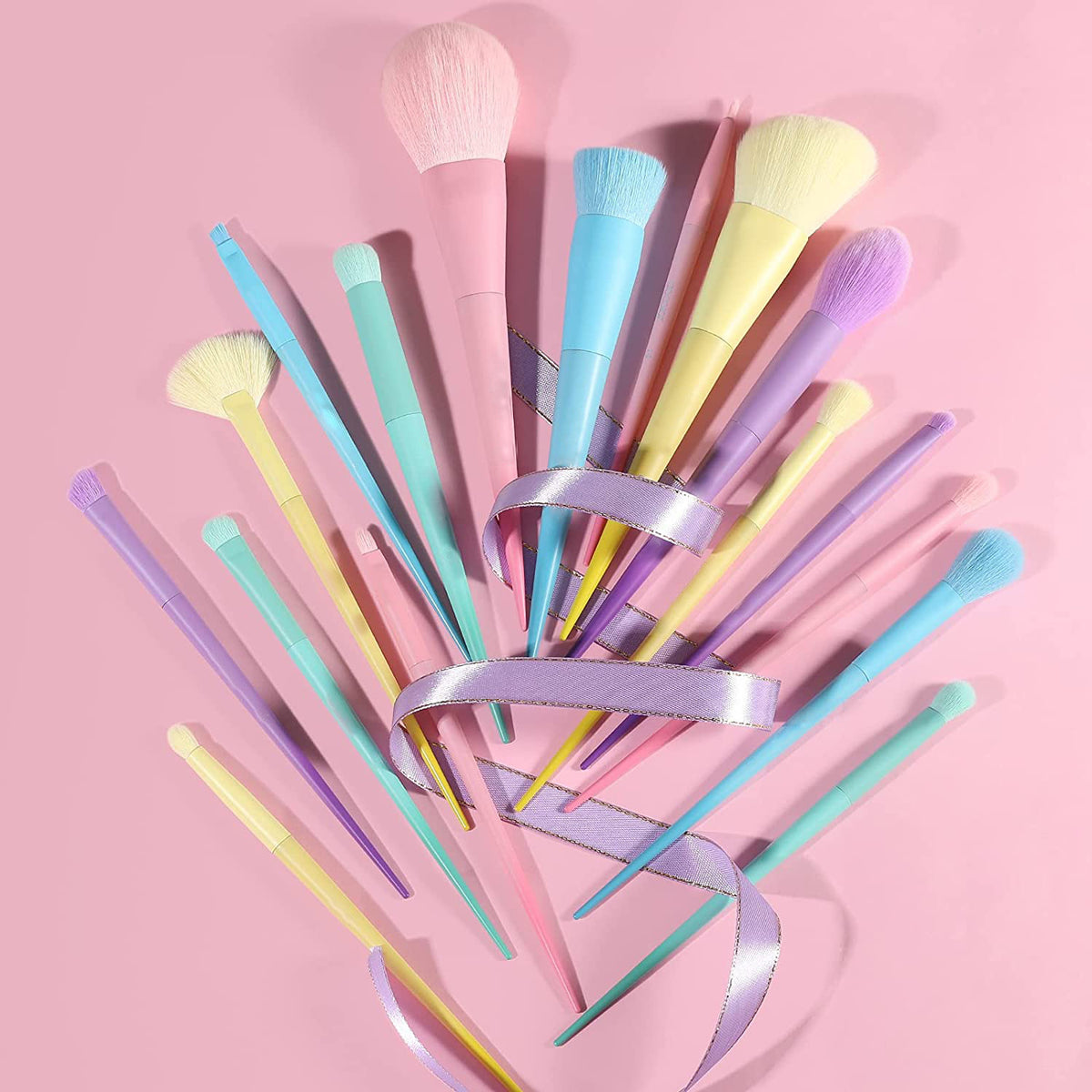Rainbow Color Makeup Brush Set - 17 Pieces Macaron Style