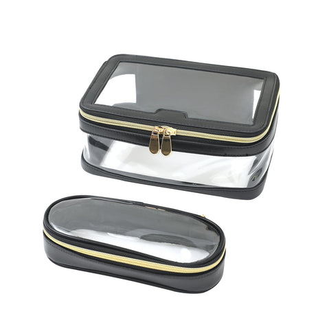oneyoyo Clear Makeup Bag for Women Cosmetic Bags Travel Toiletry Bag Makeup Brush Bag Leather Makeup Case with Clear Windows & Gold Zippers(Black)