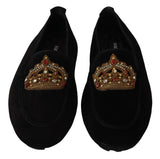 Dolce & Gabbana Elegant Black Leather Loafer Slides with Gold Embroidery