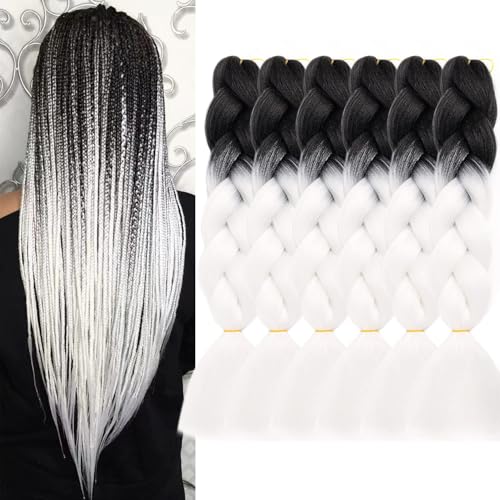 Black White Braiding Hair Extensions 24in Jumbo Brainding Hair 6Packs Soft Synthetic Prestretched Braiding Hair Extensions For Box Braids # Black-White