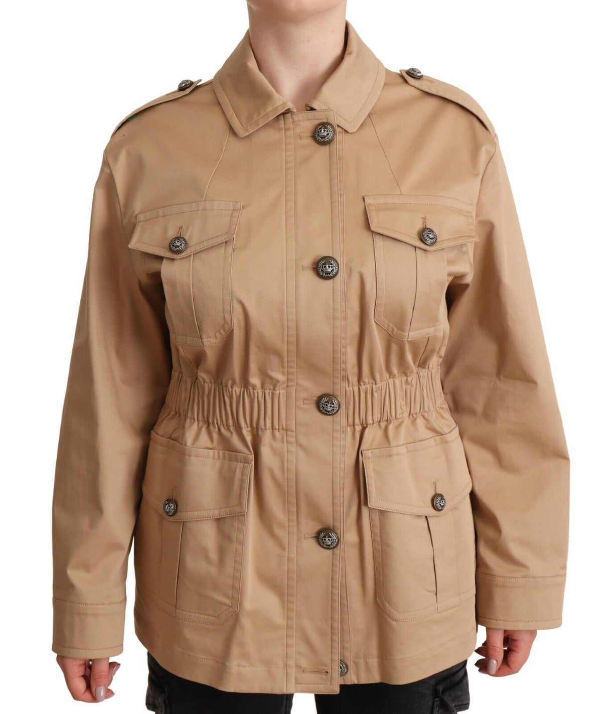 Dolce & Gabbana Chic Beige Button Down Coat with Embellishments