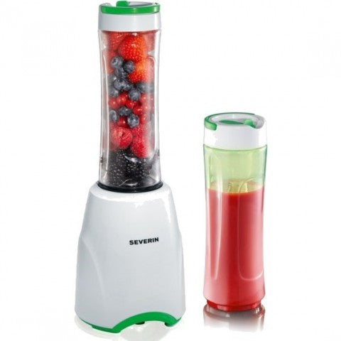 SEVERIN SMOOTHIE MIX & GO, BLENDER & DRINK BOTTLE, ALL IN ONE, 2DETACHABLE & DISHWASHARE SAFE, DRINK BOTTLES, 1SPEED SETTING WITH ADD.PULSE, S/SBLADES, SAFETY CUT-OUT, NONSLIP FEET, 300W/600ML, WHITE