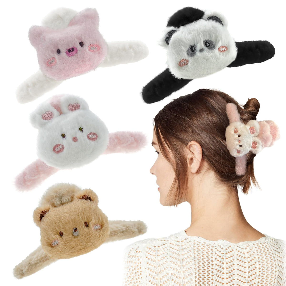 4 Pack Fluffy Plush Large Animal Jaw Clips Barrettes for Long Hair Styling - Cute Hair Accessories for Women and Girls With Thin or Thick Hair
