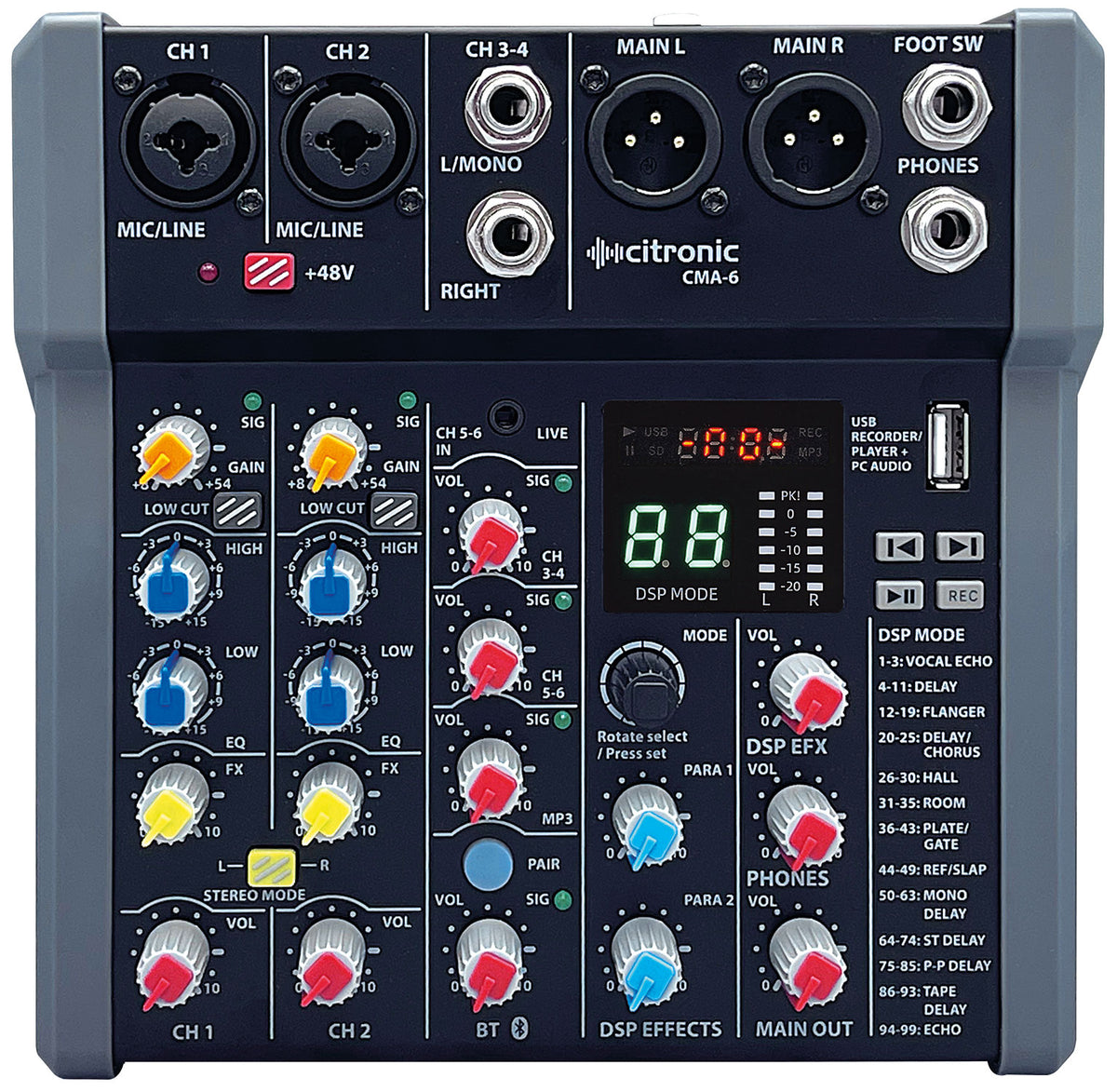 Citronic CMA-6 4 Channel Compact Mixer with DSP USB Play-Record BT & PC Connectivity 170.862UK