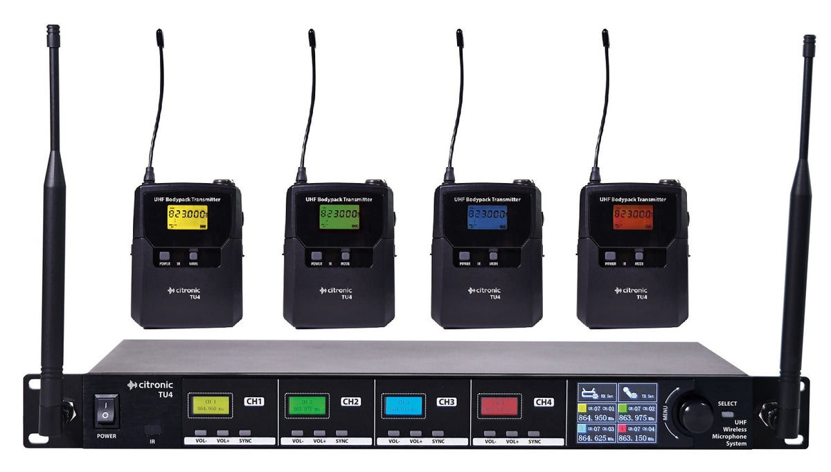 Citronic TU4-N Quad True Diversity Multi-UHF Wireless Microphone System (4 x Beltpacks) 171.044UK