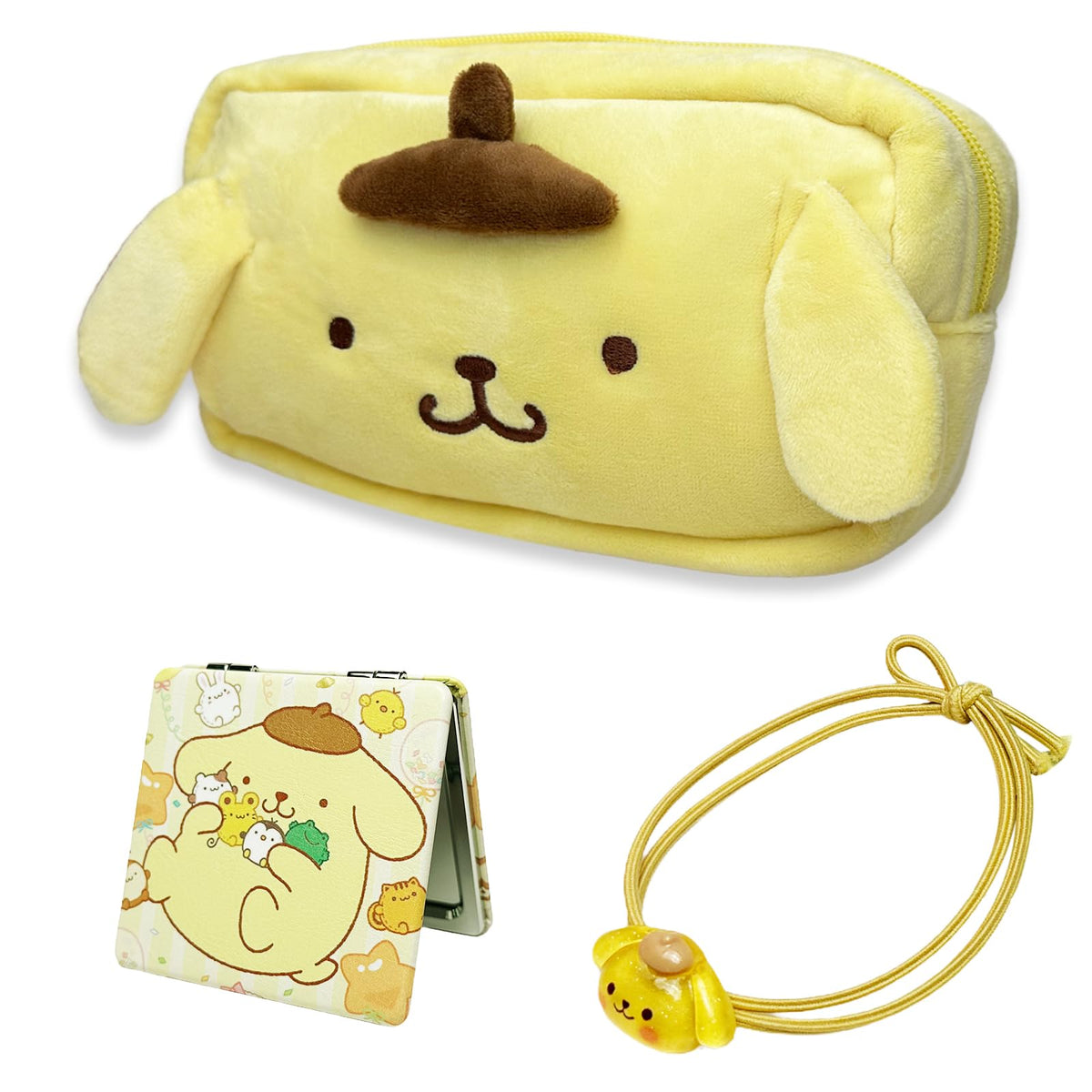 Pudding Dog Travel Cosmetic Bag with Mirror and Hair Tie Large Capacity Cartoon Cosmetic Pouch Makeup Bag with Zipper Plush Travel Toiletry Bag Makeup Accessories Organizer Makeup Pouch for Women