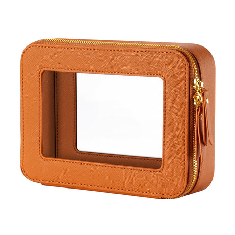Keains Clear Makeup Bag for Women，Cosmetic Organizer Case Transparent Waterproof Travel Toiletry Bag with Zipper，Portable Make Up Organizer Traveling Compact Car Bag for Essentials（Orange brown）