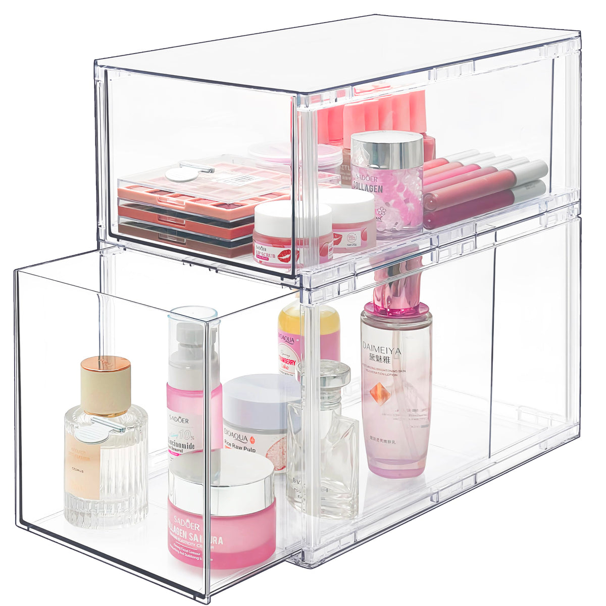 Spaclear Stackable Storage Drawers Set of 2 Clear Makeup Organizer for Vanity Acrylic Cosmetic Display Cases Large Capacity Makeup Organizer Countertop Undersink Kitchen Organization and Storage