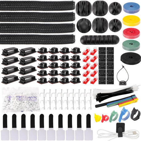 604 Pcs Cable Management Kit 4 Cord Organizer Sleeve 7 Cable Holder 38 Adhesive Cord Clips 40 Pcs+5 Roll Cable Organizer Straps 200 Cable Ties 300 Cable Wire Clips for PC TV Under Desk