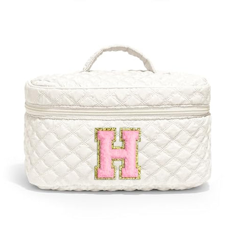 YOOLIFE Girlfriend Checkered Makeup Bag - Gifts for Daughter Sister Girls Travel Makeup Bag Cosmetic Bags for Women Makeup Bag Organizer Granddaughter Friend Sister Gifts for Women Her White Letter H