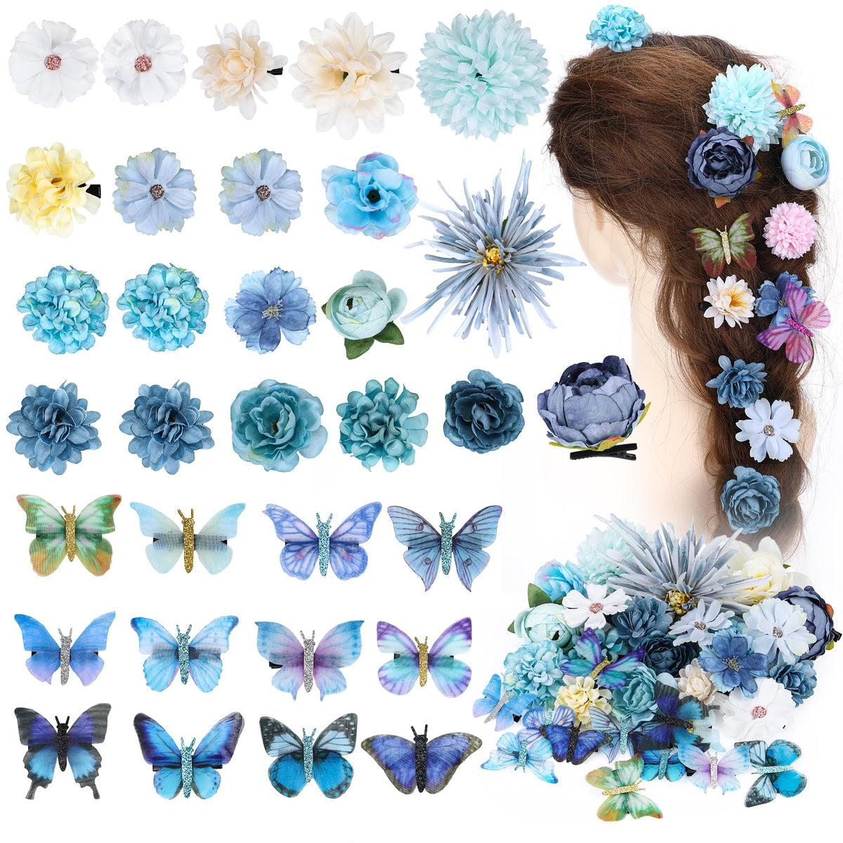 KorViSHOW Hair Clip 32 Pieces Flower Clip with Butterfly Clip Set Floral Hair Accessories for Wedding Butterfly Barrettes for Women (Blue Style)