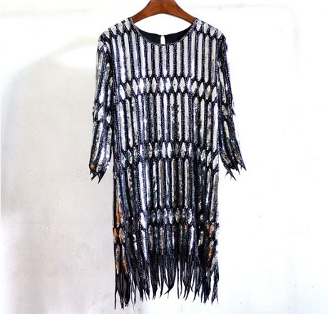 New Beaded Sequin Chiffon Dress with Fringed Sleeves