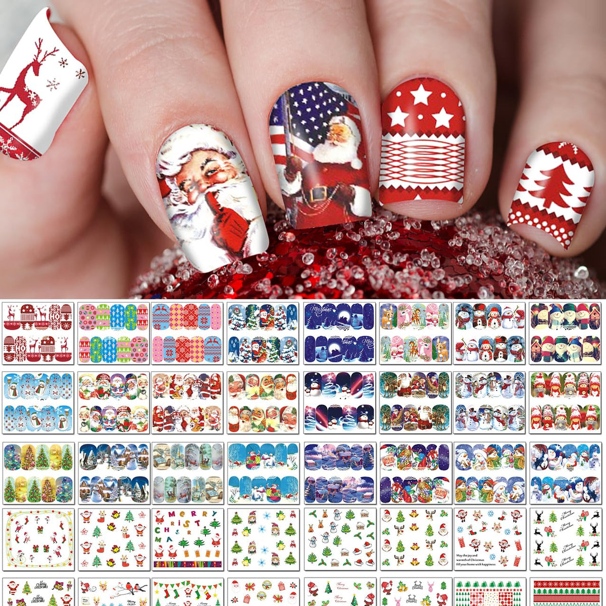 TailaiMei 48 Sheets Christmas Nail Stickers - Water Transfer Nail Decals and Nail Wraps for Women Girls Manicure DIY Nail Art Salon