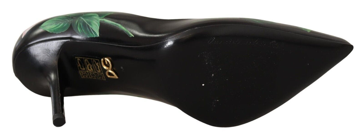 Dolce & Gabbana Black Leather Roses High Heels Pumps Shoes