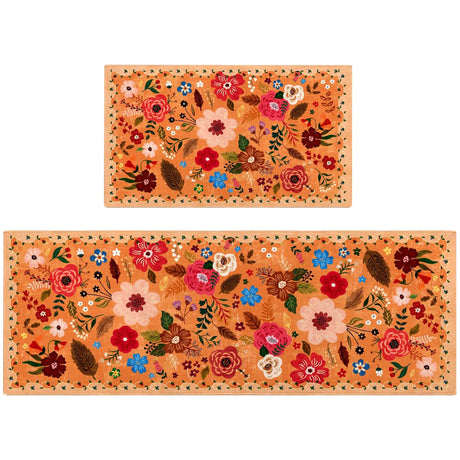 puwbnhj Kitchen Rugs and Mats Non Skid Washable Set of 2Boho Floral Modern Farmhouse Bohemian Kitchen Runner Rugs with Rubber Backing for Kitchen Decor and Accessories (Orange 17"x47"+17"x30")